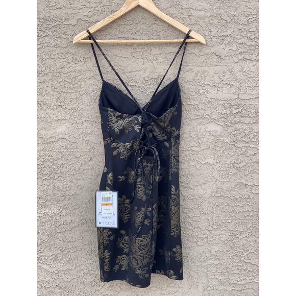 NWT - B. Darlin Black/Gold Floral lace up back Mini Dress - 3/4 - Picture 2 of 4